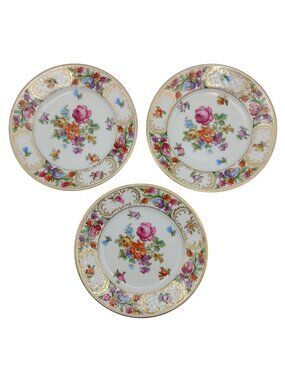 Set 3 Schumann Bavaria Dresdner Art Bread Butter Plates Floral Gold Gilt 6"